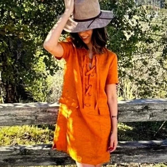 Maeve Dresses & Skirts - Moving Sale💘 Anthropologie Maeve Lace-Up Shirt Linen Dress Mustard Color Size 2